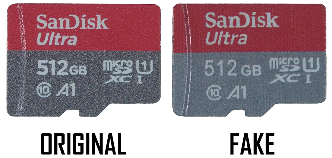 Comparison between a genuine Sandisk MicroSD card and a fake Sandisk MicroSD card.